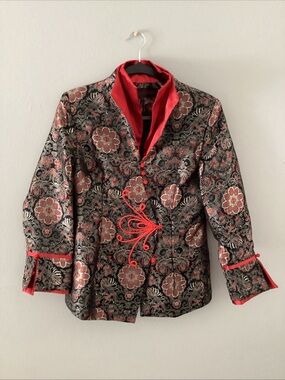 Women's Red & Black Brocade Mandarin Jacket - Elegant Blazer